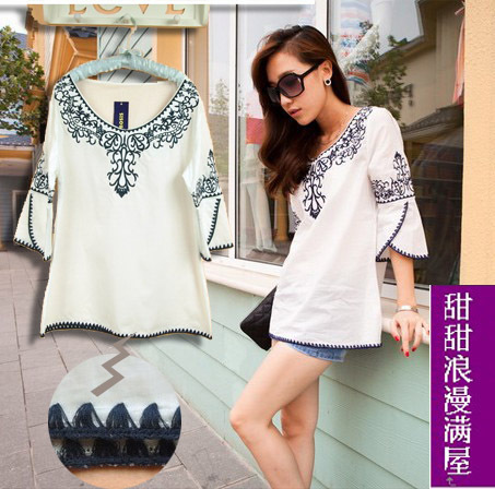 Free Shipping 2013 summer women's blue and white porcelain national 88998 trend embroidered all-match fifth sleeve shirt