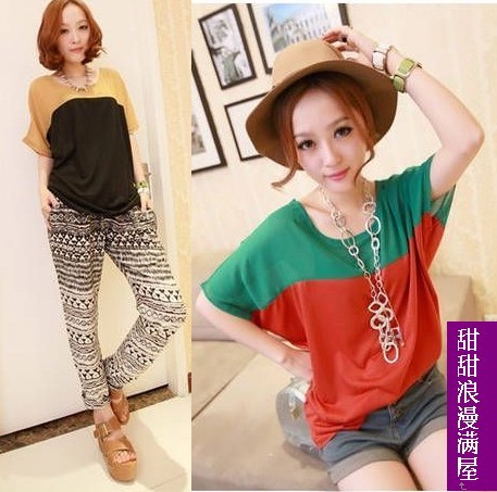 Free Shipping 2013 summer women's c70815 beautiful color block short-sleeve chiffon shirt