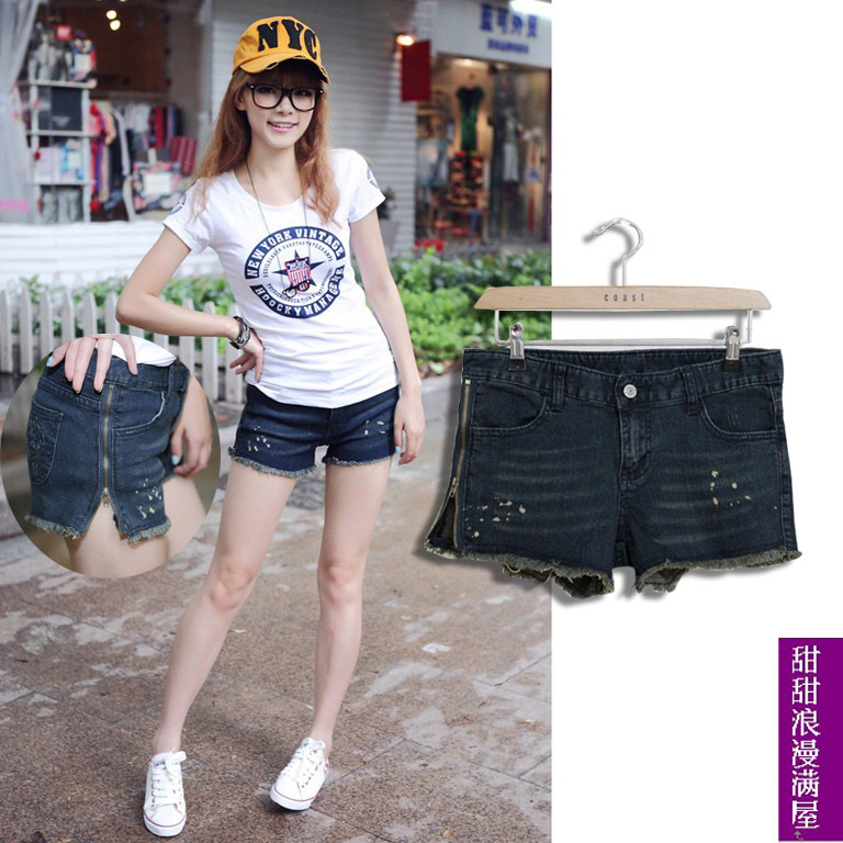 Free Shipping 2013 summer women's c9209 casual all-match fashion side zipper flash denim shorts