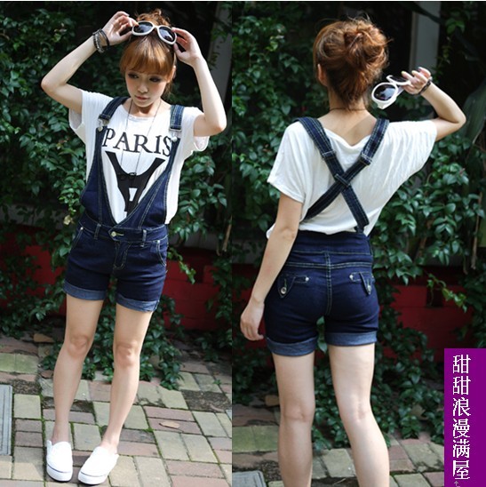 Free Shipping 2013 summer women's c9223 casual fashion all-match Dark Blue denim bib pants shorts wholesale
