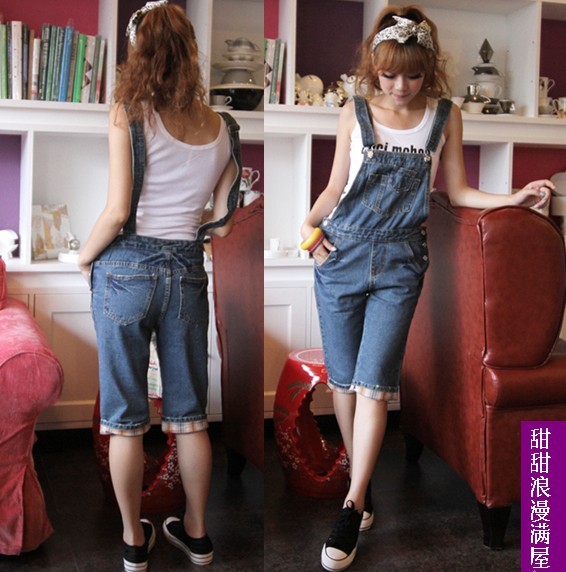 Free Shipping 2013 summer women's casual personalized denim bib pants capris 379271 high quality wholesale