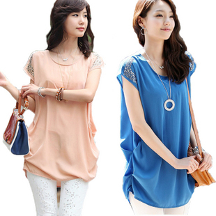Free Shipping 2013 summer women's elegant medium-long a2129 gentlewomen loose short-sleeve chiffon shirt top