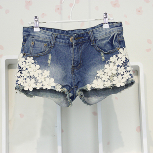 Free shipping 2013 summer women's fashion lace denim shorts jeans rivet S-M-L-XL