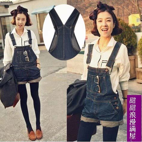 Free Shipping 2013 summer women's fashionable casual 875866 water wash roll up hem denim suspenders shorts