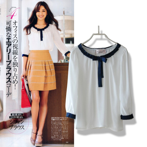 Free Shipping 2013 summer women's m83918 sweet bow crew neck white three quarter sleeve chiffon shirt