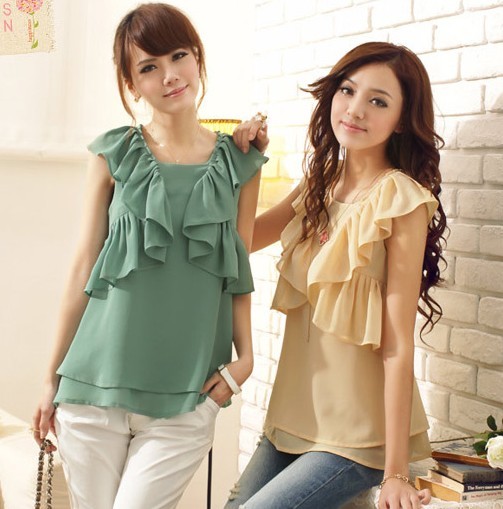 Free Shipping 2013 summer women's sweet 894519 juniors large lotus leaf sleeveless double layer chiffon shirt