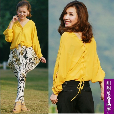 Free Shipping 2013 summer women's the anteroposterior V-neck batwing sleeve back strap fashion silk shirt 337501