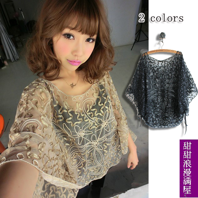 Free Shipping 2013 summer women's ubiquitous1 103908 wavingness flower ribbon loose princess lace shirt