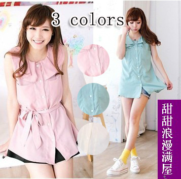 Free Shipping 2013 summer women's wave 899216 sweet peter pan collar belt sleeveless shirt