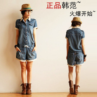 free shipping  2013 summer Women short-sleeve denim one piece shorts one piece women's plus size jumpsuit
