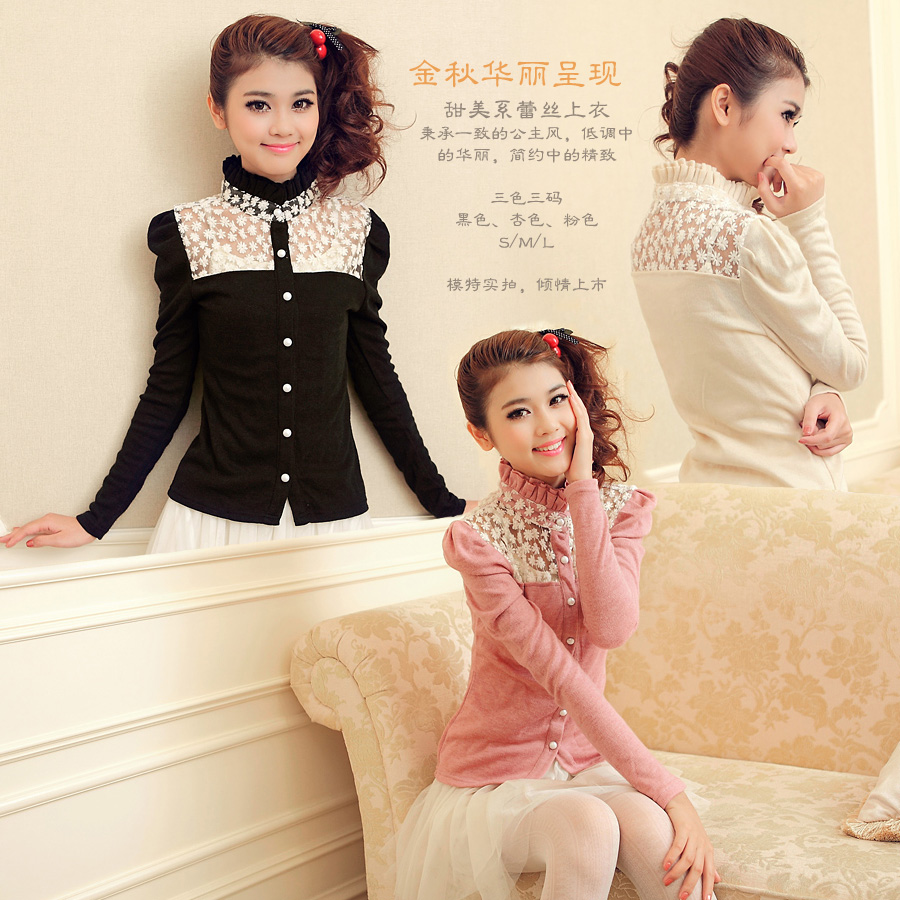 Free shipping 2013 sweet sexy cutout gauze flower princess sleeve buttons stand collar top female