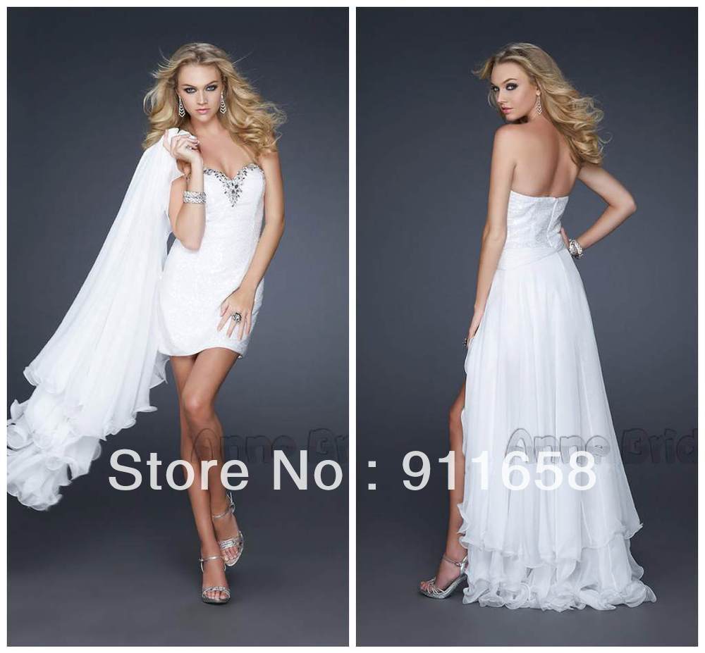 Free Shipping 2013 Sweetheart Crystal Beaded White Chiffon Front Short and Long Back Evening Dresses