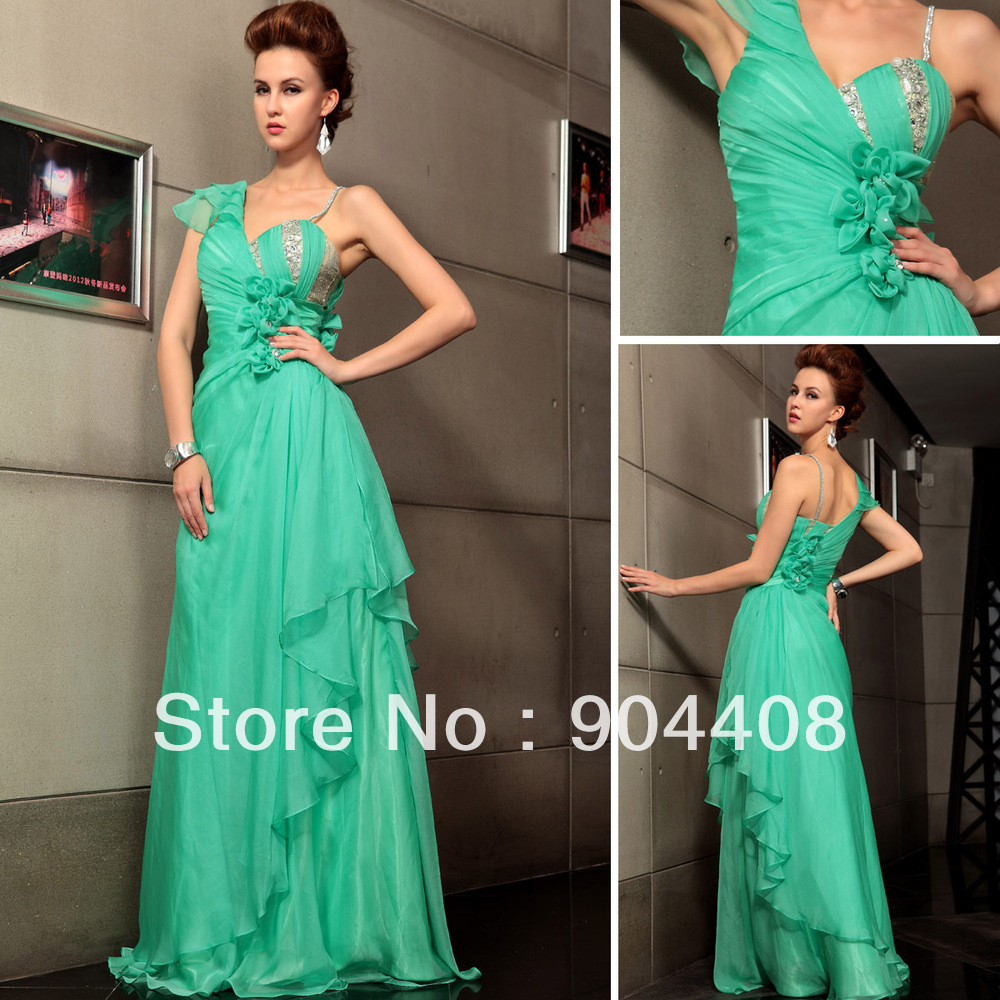 Free shipping 2013 Tencel Chiffon Green Color Three-dimensional flowers Celebrity Dresses D30679