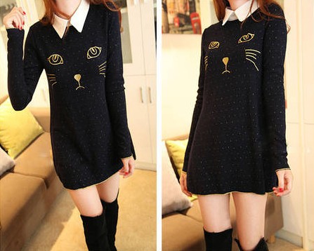 Free shipping 2013 the new spring clothing to restore ancient ways sweet pussy cat embroidery knitting backing dress