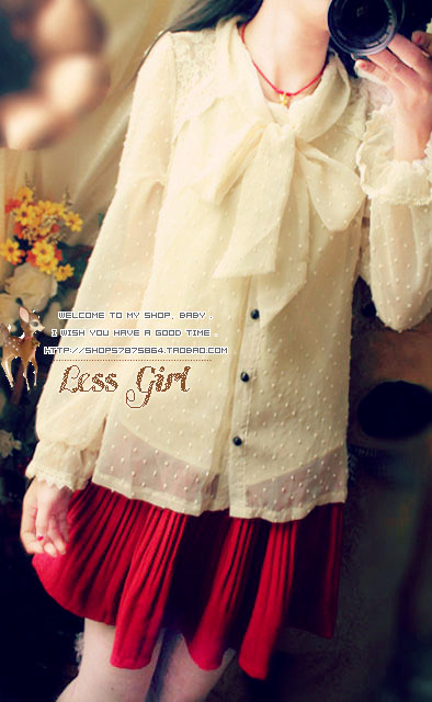 Free shipping 2013 three-dimensional bow spring flock printing dot chiffon sweet vintage shirt