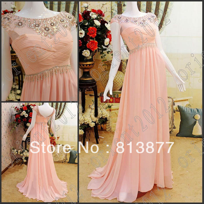 Free shipping 2013 Top selling  Newest Exquisite Cap Sleeves crystals ruffles beaded sexy evening dress party gown prom dresses