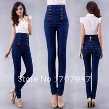 Free shipping 2013 Vintage fashion women jeans plus size high waist jeans Slim skinny jeans pants with double breasted Wholesale