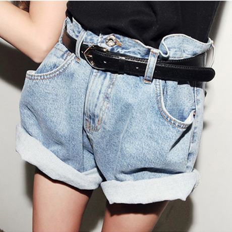 Free Shipping 2013 Vintage High-waist Denim Shorts Women Loose Wash Blue Jeans Shorts With Belt Casual Wear IRIS Knitting