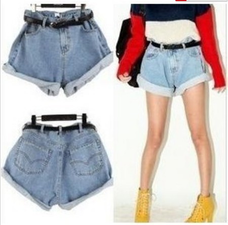 Free Shipping 2013 Vintage High-waist Denim Shorts Women Loose Wash Blue Jeans Shorts With Belt Casual Wear IRIS Knitting DK-003