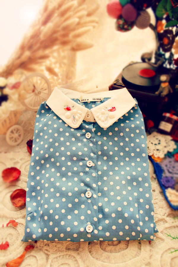 Free shipping 2013 vintage rhinestone turn-down collar preppy style polka dot fluid vintage shirt