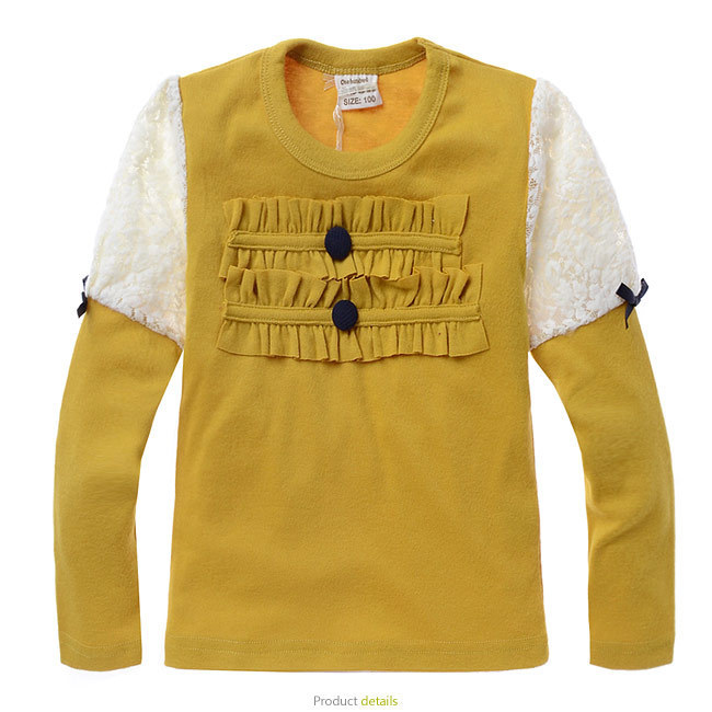 Free Shipping!! 2013 Wholesale children's Cartoon Yellow chest lace embroidered knit shirt bottoming