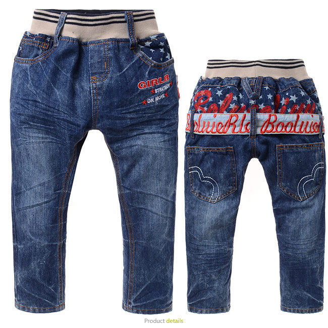 Free Shipping!! 2013 Wholesale children's The blue Letter Aberdeen patch embroidery cotton Washed denim trousers 024537