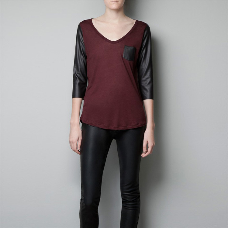 Free shipping 2013  Wholesale  Women V-neck Pu Leather Sleeve Patchwork  Casual T-shirtsTees ladies Womens tops ZLCXQ-073K1