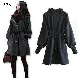 Free shipping 2013 winter plus size clothing loose with a hood drawstring slim women's trench thick woolen outerwear