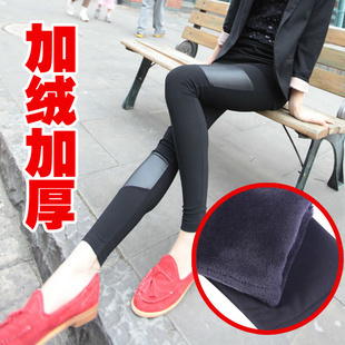 Free shipping 2013 Winter thickening irregular faux leather patchwork women's thermal legging