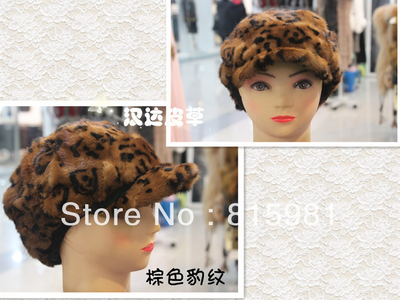 Free Shipping 2013 Winter Warm Women Leopard Print Ladies Genuine MINK Fur Hats/Visors Fashion Fur Newsboy Caps In stock