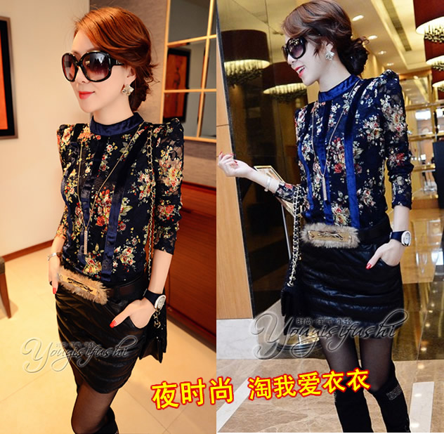 Free shipping 2013 winter women's gold velvet lace blue print patchwork long-sleeve basic lace shirt  FD110