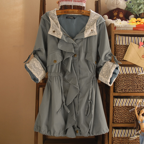 Free Shipping 2013 With a hood lotus leaf lace scalloped waist slim trench slim outerwear female LDX