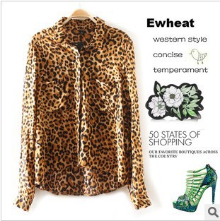 free shipping,2013 woman new fashion spring Leisure lapel double pocket the irregular leopard print long-sleeved blouse, shirt