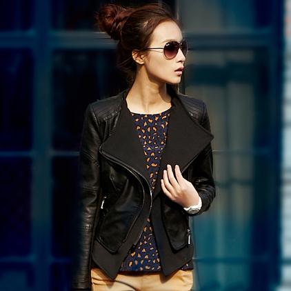 Free Shipping 2013 Women Double V-neck water washed leather  jacket ,women's motorcycle short design outerwear