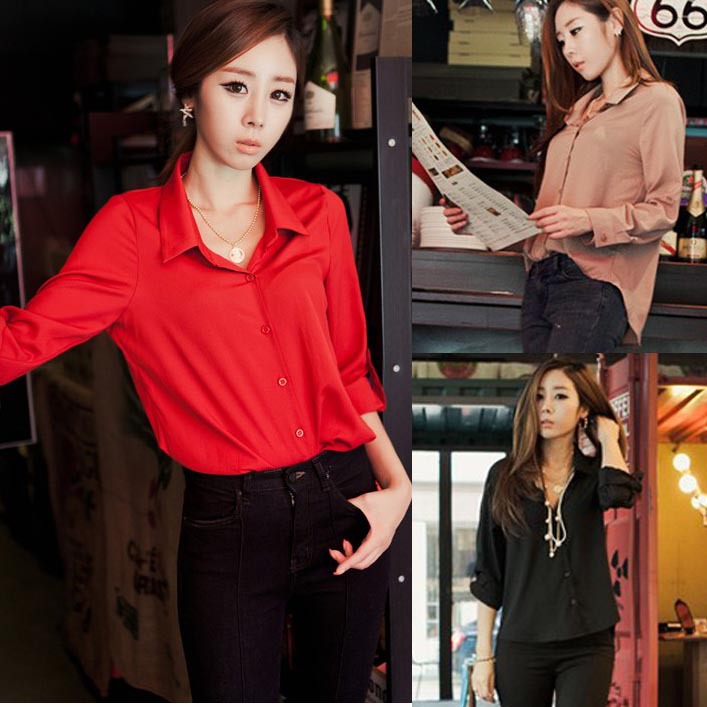 Free Shipping 2013 Women fashion chiffon shirt OL long sleeve shirts front short back long blouse SY0152 Black Red Khaki