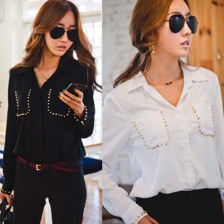 Free Shipping 2013 Women fashion long sleeve shirt OL Spring work blouse Rivets Pocket SY0154 Black White