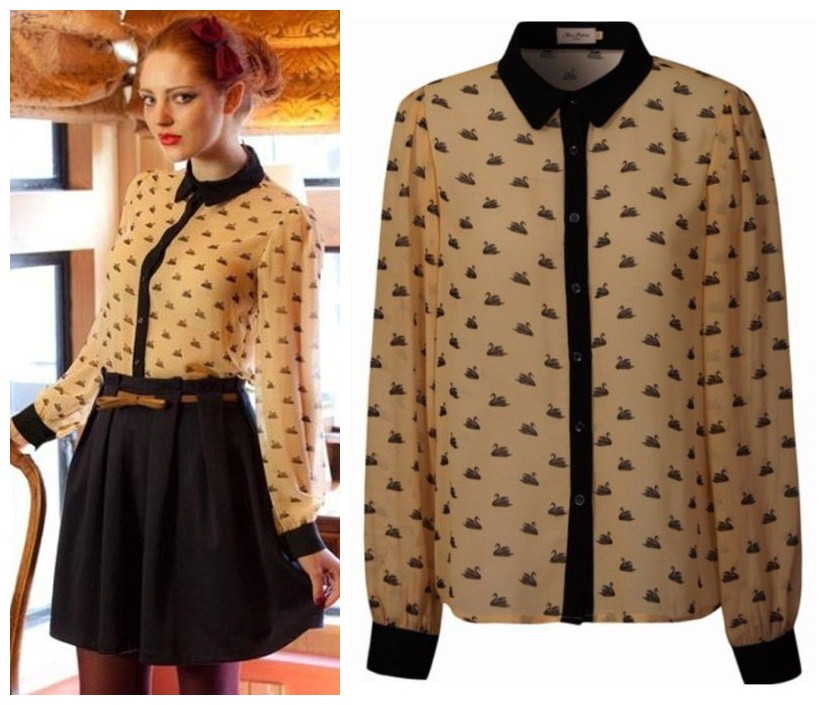 Free shipping 2013 women  fashion spring vintage little swan print color block long-sleeve chiffon  shirt  34  36  38  sizes