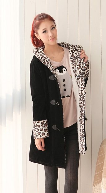 Free Shipping  2013 Women Leopard plush color inside the shop wool hooded warm coat 4094