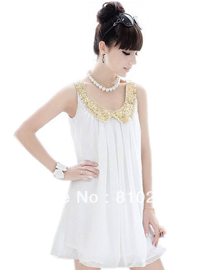 free shipping 2013 women new fashion clothes ladies white sequins peter pan collar sleeve chiffon dress summer cute dresses 038