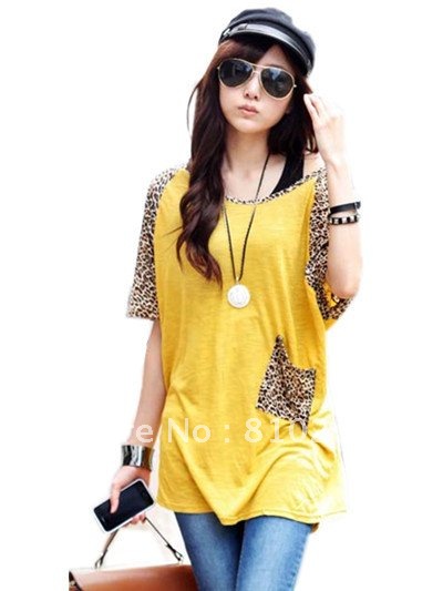 free shipping 2013 women new fashion clothing leopard print pocket orange loose plus size t shirt ladies shirts blouses tops 237