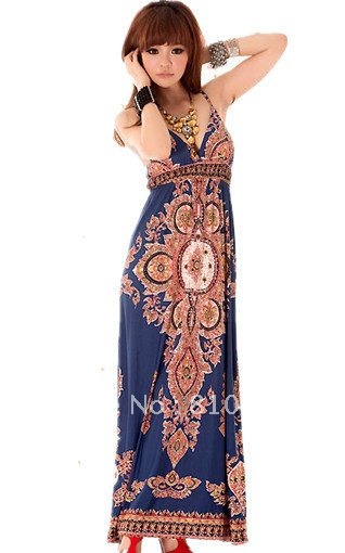 free shipping 2013 women new fashion ladies bohemian blue print milk silk long maxi dresses sexy slim tube top beach dress 90461