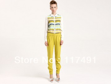 free shipping 2013 women new name brand Europe and the United States waves geometric colored long-sleeved shirt OL blouse ft310