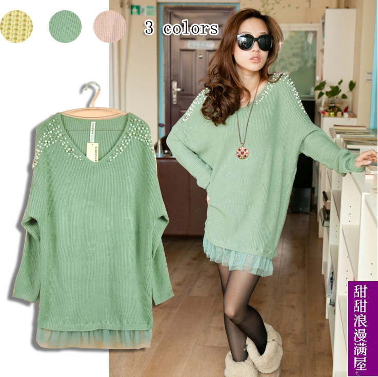 Free Shipping 2013 women's 87001 sweet all-match pearl handmade gauze medium-long sweep sweater dress wholesale