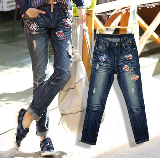 Free Shipping 2013 women's a6049 casual fashion personality hole badge denim pants harem pants trousers wholesale
