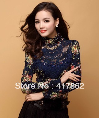 Free shipping 2013 women's autumn and winter sexy lace turtleneck plus velvet thickening slim basic shirt long-sleeve