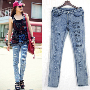 Free Shipping 2013 women's autumn street fashion letter distrressed slim skinny pants denim trousers 9228 high quality