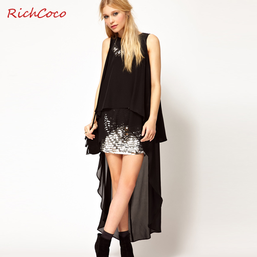 Free shipping,2013 women's chiffon Fashion new arrival low-high dovetail sweep sleeveless backless sexy black  shirt,loose top