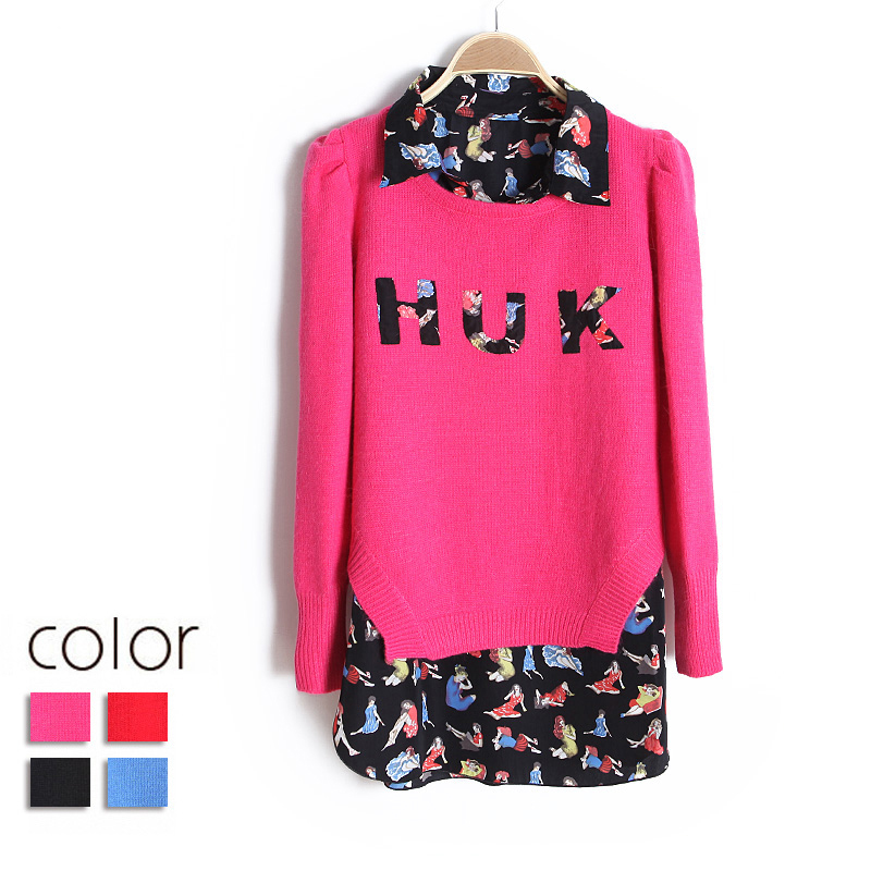 free shipping 2013 women's chiffon turn-down collar knitted twinset pullover sweater wx1316