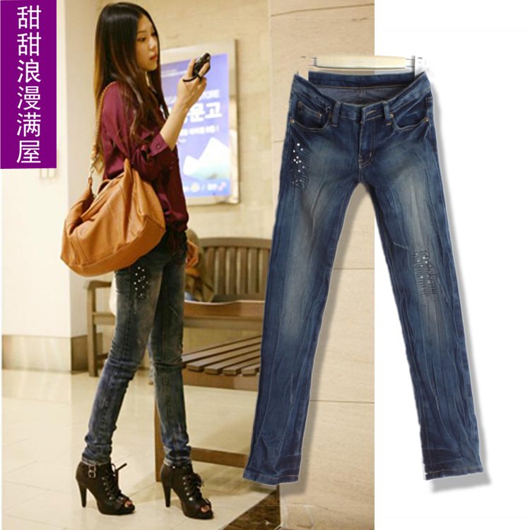 Free Shipping 2013 women's fashion personality 87663 water wash crimping elastic denim pencil trousers wholesale