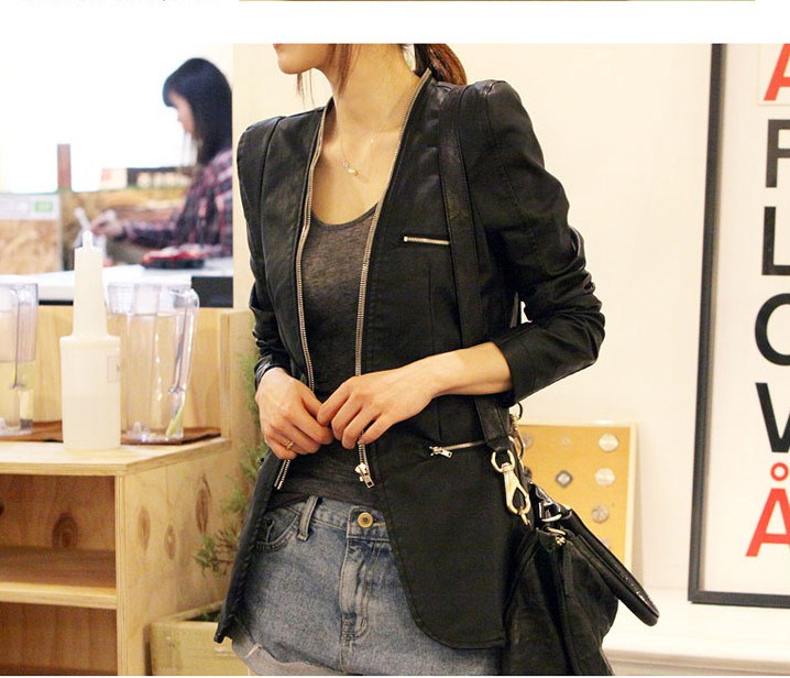 Free Shipping 2013 women's fashion slim medium-long V-neck leather clothing jacket leather clothing outerwear